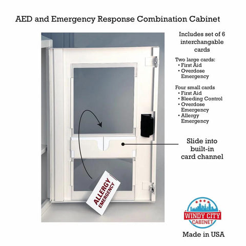 White steel AED and Emergency Response Cabinet with built-in alarm and first aid card storage