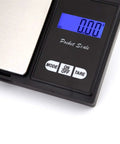 Mini Stainless Steel Digital Pocket Scale 0.01g To 500g With Tare Function showing blue backlit LCD display