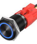 Momentary 16mm Push Button Switch With 12V Blue LED Angel Ring, Self Reset, 1NO 1NC, 0.63 Inch Mount Hole with black shell and wires