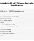 SolexBrick S1 specifications sheet for Ultra Light 50A MPPT Solar Charge Controller, detailed feature list