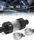 Five Eighth Inch Universal Inline Heater Core Coolant Filter Keeps Radiators Running Smooth with clamps and clear guard tube.