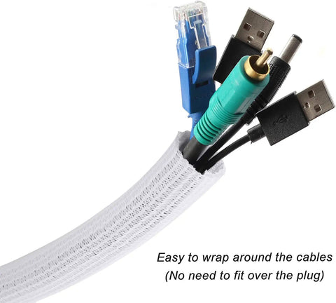 10 Ft 1/2 Inch Braided Cable Management Sleeve Cord Protector Self-Wrapping Split Wire Loom for TV, Computer, Home Theater, and Engine Bay White