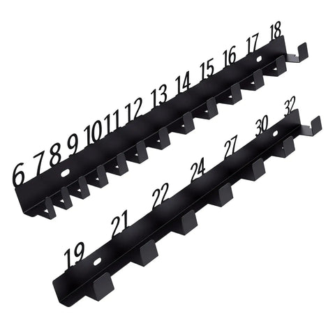 20 Slot Wall Mount Wrench Rack Organizer With Numbered Slots For 6mm To 32mm Wrenches, two black rails side view