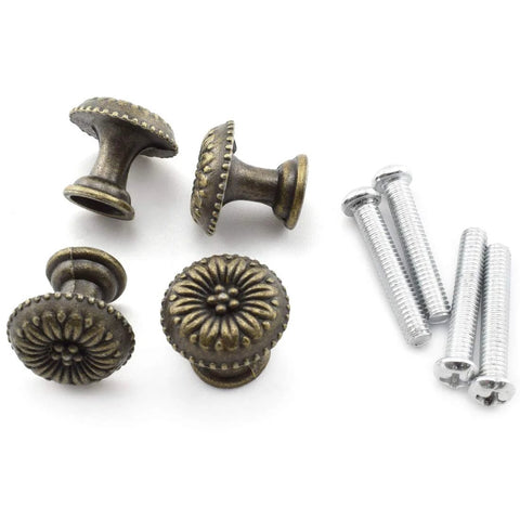 Four Pack Antique Bronze Round Flower Pattern Jewelry Box Pull Handles With Screws For Cabinet Drawer Wardrobe Zinc Alloy Knob Pull