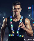 Man wearing Light Up LED Running Vest With Adjustable Unisex Fit For Men And Women See Through Lightweight Night Run Gear Reflective Sports Vest