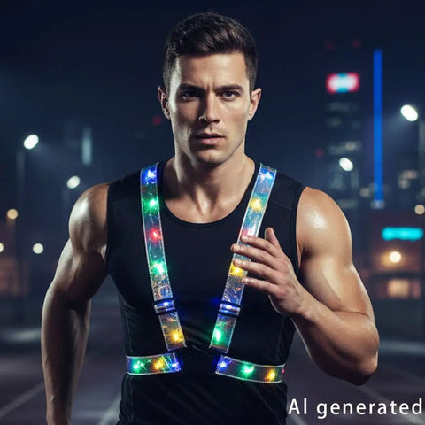 Man wearing Light Up LED Running Vest With Adjustable Unisex Fit For Men And Women See Through Lightweight Night Run Gear Reflective Sports Vest
