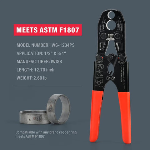 Half-Inch And Three-Quarter-Inch PEX Pipe Crimping Tool With Copper Ring Gauge, Pro Grade Steel, Meets ASTM F1807 Standard