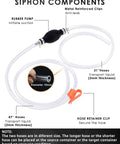 KATUMO gasoline siphon kit with hand pump and two clear PVC hoses (31in and 47in) and hose clip, front view