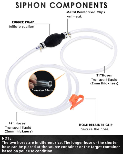 KATUMO gasoline siphon kit with hand pump and two clear PVC hoses (31in and 47in) and hose clip, front view