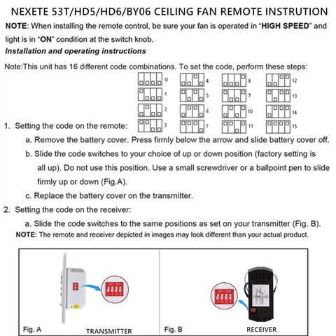 Instruction manual for ceiling fan remote control setup, showing code settings and components for transmitter and receiver.
