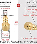 Diagram showing dimensions of Industrial Type D 1/4 Inch NPT Brass Quick Connect Air Hose Fittings, highlighting coupler measurements.