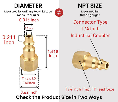 Dope Brass Air Hose Fittings Quick Connect Kit Industrial Type D 1/4 Inch NPT Air Compressor Fittings 7 Piece Set size diagram