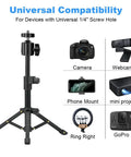 Extendable Desk Webcam Tripod Stand For Cameras And More shown with devices like camera, webcam, phone, projector, and GoPro