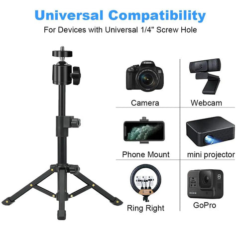Extendable Desk Webcam Tripod Stand For Cameras And More shown with devices like camera, webcam, phone, projector, and GoPro