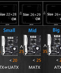 Size comparison chart for Open Chassis Stackable PC Case with Transparent Acrylic Design for ATX, MATX, ITX motherboards.