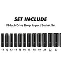 Pro Grade Deep Impact Socket Set 1/2 Inch Drive Metric Cr-V 6-Point 10 mm to 24 Mm, 14-Piece displayed in a row