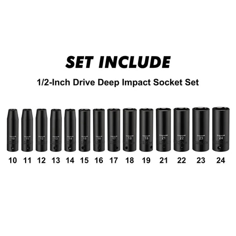 Pro Grade Deep Impact Socket Set 1/2 Inch Drive Metric Cr-V 6-Point 10 mm to 24 Mm, 14-Piece displayed in a row