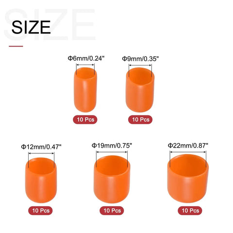 Orange Vinyl Round End Caps 50 Pcs Protective Rubber Caps Assortment For One Quarter Inch, Three Eighths Inch, One Half Inch, Three Quarters Inch Sizes