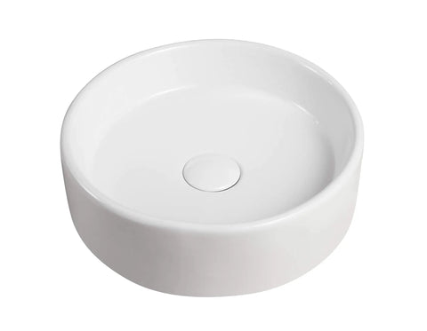 Round Flat-Side Vessel Countertop Sink In White Porcelain, Thirteen And Five Eighths Inch Square Basin, Modern Above-Counter Design