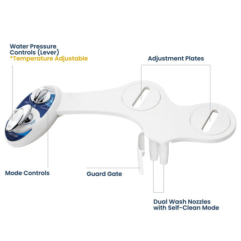 Warm Water Bidet Attachment With Dual Nozzles Self Cleaning Non Electric Toilet Seat Attachment Easy Install Adjustable Water Pressure Rear And Feminine Wash Blue showing controls and nozzles