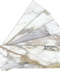 Gold Marble Peel And Stick Subway Tile Set 16 Sheets 4x12 Inches Self Adhesive Stone Composite Backsplash Tiles For Kitchen Bathroom And Fireplace 3mm Thick Waterproof And Easy To Cut, showing six tiles fanned out.