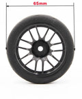 65mm Rubber On Road RC Car Tires Set For One Tenth Scale Racing Four Piece Wheel Rim Upgrade displayed with 65mm label