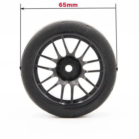 65mm Rubber On Road RC Car Tires Set For One Tenth Scale Racing Four Piece Wheel Rim Upgrade displayed with 65mm label