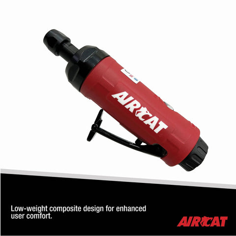 Heavy Duty Shop Workhorse Pneumatic Die Grinder, .5 HP Motor, 22000 RPM Straight Body, red design with ergonomic handle for comfort.