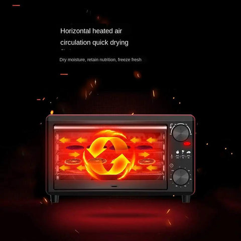 Top Notch 5 Layer Food Dehydrator With Mute No Sweat Drying Cycle And Easy Peasy 24 Hour Timer showing horizontal air circulation for quick drying.