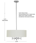 Contemporary Pendant Chandelier With White Drum Shade, Adjustable Height, Satin Nickel Finish, Four Arm Modern Ceiling Light