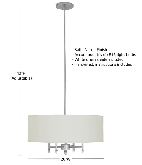 Contemporary Pendant Chandelier With White Drum Shade, Adjustable Height, Satin Nickel Finish, Four Arm Modern Ceiling Light