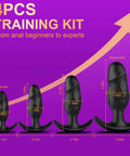 4 Piece Silicone Anal Plug Set For Men And Women With Flared T Bar Base Butt Plugs Waterproof Odorless Beginner To Advanced Training Kit Easy To Clean Comfortable Tapered Tips For Safe Secure Wear showing various sizes from beginner to advanced on a purple background.