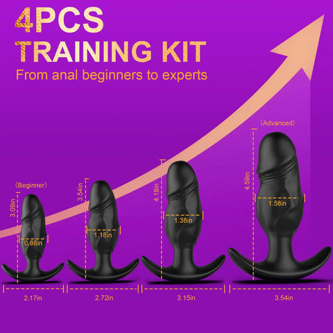 4 Piece Silicone Anal Plug Set For Men And Women With Flared T Bar Base Butt Plugs Waterproof Odorless Beginner To Advanced Training Kit Easy To Clean Comfortable Tapered Tips For Safe Secure Wear showing various sizes from beginner to advanced on a purple background.