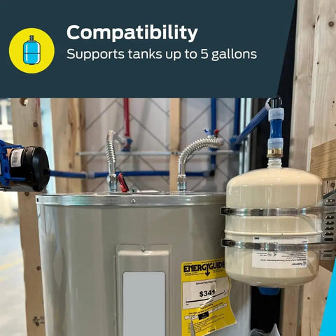 Universal Expansion Tank Water Heater Wall Mount Bracket in Stainless Steel with Straps installed on 5-gallon tank.