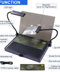 Dope Portable Gundam Model Building Workbench With LED Light And Magnifying Glass Pro Grade Tool features highlighted in diagram