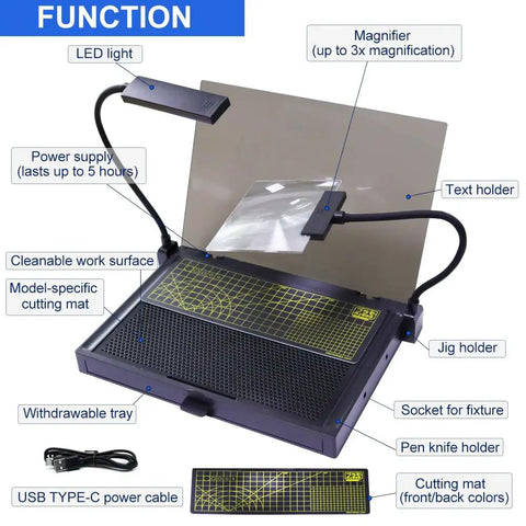 Dope Portable Gundam Model Building Workbench With LED Light And Magnifying Glass Pro Grade Tool features highlighted in diagram