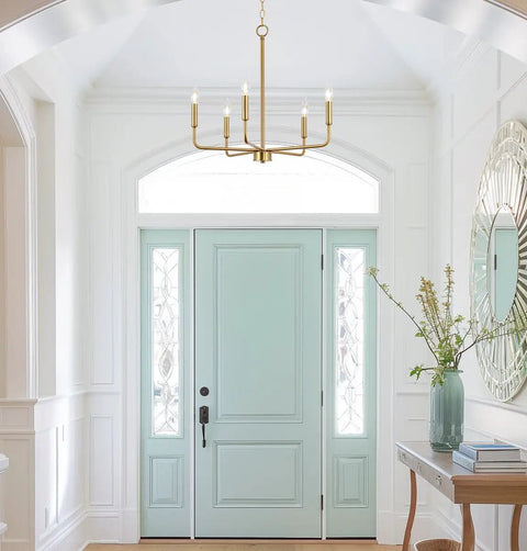 Chic 22 Inch Modern Five Light Gold Chandelier With Candle Style Sockets Open Frame Warm Brass Fixture in elegant entryway