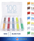 Seriously Cool Mini Blade Led Glow Automotive Fuses 100 Count Atc Ato Replacement Kit in a clear organizer with various fuse ratings.