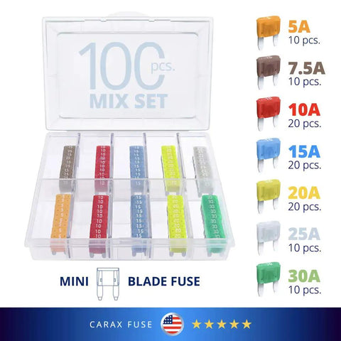 Seriously Cool Mini Blade Led Glow Automotive Fuses 100 Count Atc Ato Replacement Kit in a clear organizer with various fuse ratings.