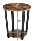 Round Two Tier Side Table With Open Storage Shelf, Anti Scratch Protective Pads, Kid Safe Curved Edges, Straight Up Sturdy Metal End Table For Cozy Living Rooms And Bedrooms, dimensions shown.