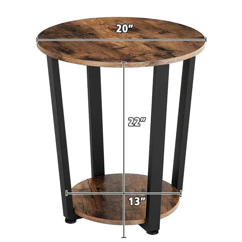 Round Two Tier Side Table With Open Storage Shelf, Anti Scratch Protective Pads, Kid Safe Curved Edges, Straight Up Sturdy Metal End Table For Cozy Living Rooms And Bedrooms, dimensions shown.