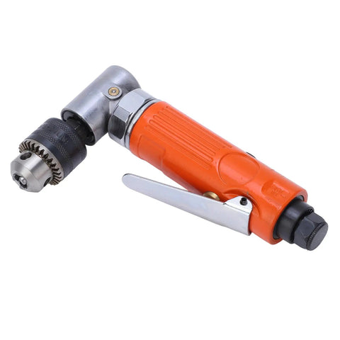 Professional Grade Right Angle Air Die Grinder Running 25000 Rpm For Fast Grinding And Polishing Tasks Boasts Smooth Ball Bearing Build And Complete Pneumatic Tool Kit, featuring an orange handle and metal chuck.