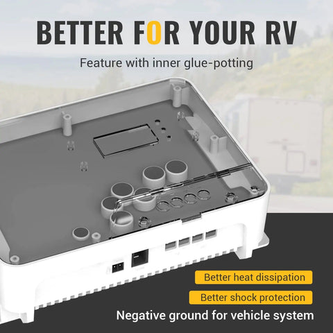 40A MPPT Solar Charge Controller With Remote App Control, backlit LCD, and temperature sensor for RV systems with negative ground.