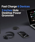 Level Up Your Desk Setup With This Recessed Power Grommet Featuring 65W Usb C Fast Charge Two Ac Outlets And Four Usb Ports For A Clean Flush Surface That Kills Messy Wires Fast, 3-inch hole, desktop setup with headset and phone.