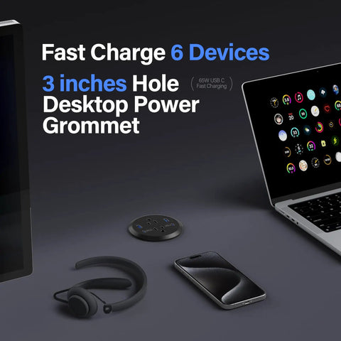 Level Up Your Desk Setup With This Recessed Power Grommet Featuring 65W Usb C Fast Charge Two Ac Outlets And Four Usb Ports For A Clean Flush Surface That Kills Messy Wires Fast, 3-inch hole, desktop setup with headset and phone.