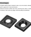 4 Pack Aluminum End Caps For 20x20mm TSlot Extrusions Black 7mm Dia EU Standard shown with design details