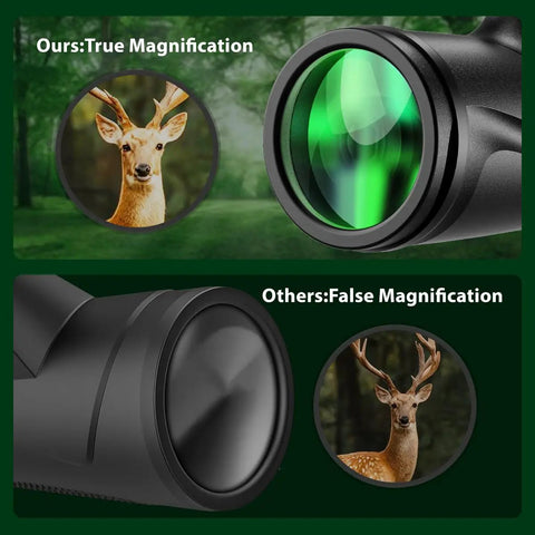 Ultra High Power 80x100 Monocular For Adults With Tripod And Smartphone Bracket, BAK4 Prism And FMC Lens, Crystal Clear Long Range Viewing For Bird Watching, Outdoor Adventures In Black showing true and false magnification comparison