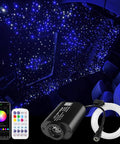 Mini 6W Starlight Headliner Kit With Twinkle And Sound Activated Fiber Optic Lights in car, with remote and app control features visible.