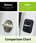 Comparison of Heavy Duty Silicone Car Door Strike Protectors, showing rusted latch vs. protected latch with silicone cover.