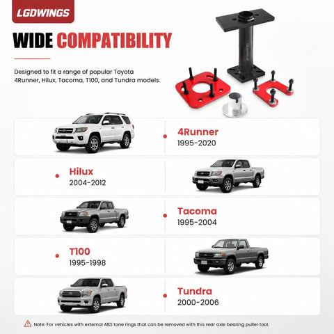 Heavy Duty Rear Axle Bearing Puller And Installer Tool Kit For 1995 To 2020 Toyota 4Runner Tacoma Tundra Hilux T100 Featuring Abs Tone Ring Removal Kit For Wheel Bearing Replacement Made Straight Up For Home Mechanics To Save Big Bucks. Wide compatibility kit with black and red steel adapters for Toyota rear axle service
